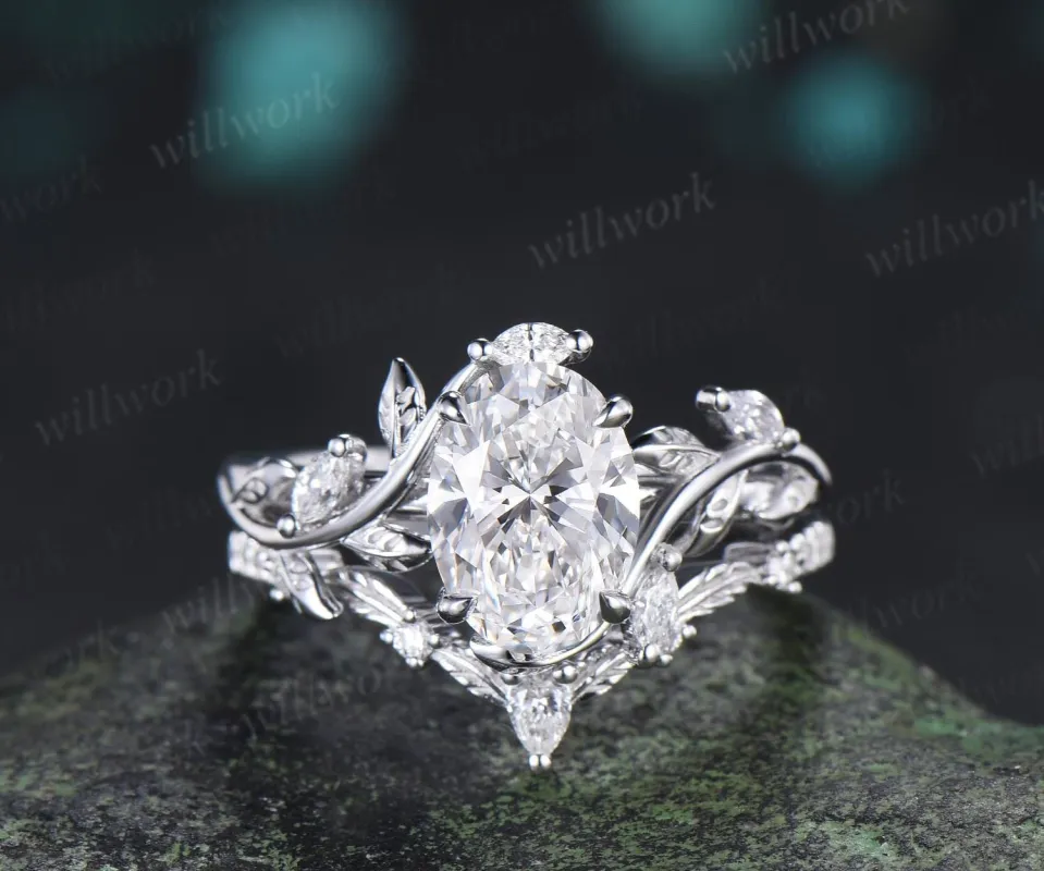 2ct oval cut lab grown diamond engagement ring 14k white gold leaf nature inspired ring women unique cluster bridal promise ring set jewelry made by Willwork Jewelry