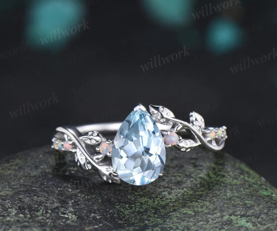 Pear cut aquamarine ring vintage white gold opal leaf engagement ring branch nature inspired promise wedding ring women silver made by Willwork Jewelry