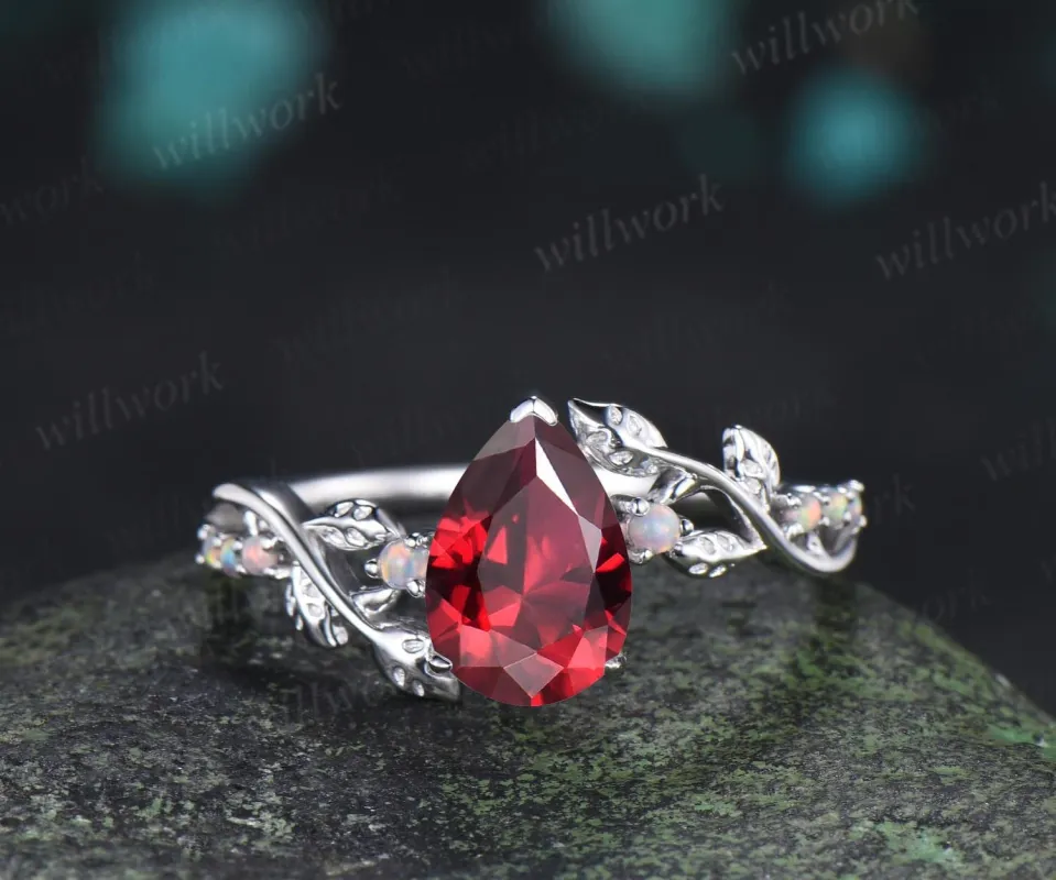 Pear shaped red ruby ring vintage white gold opal leaf engagement ring branch nature inspired promise wedding ring women silver made by Willwork Jewelry