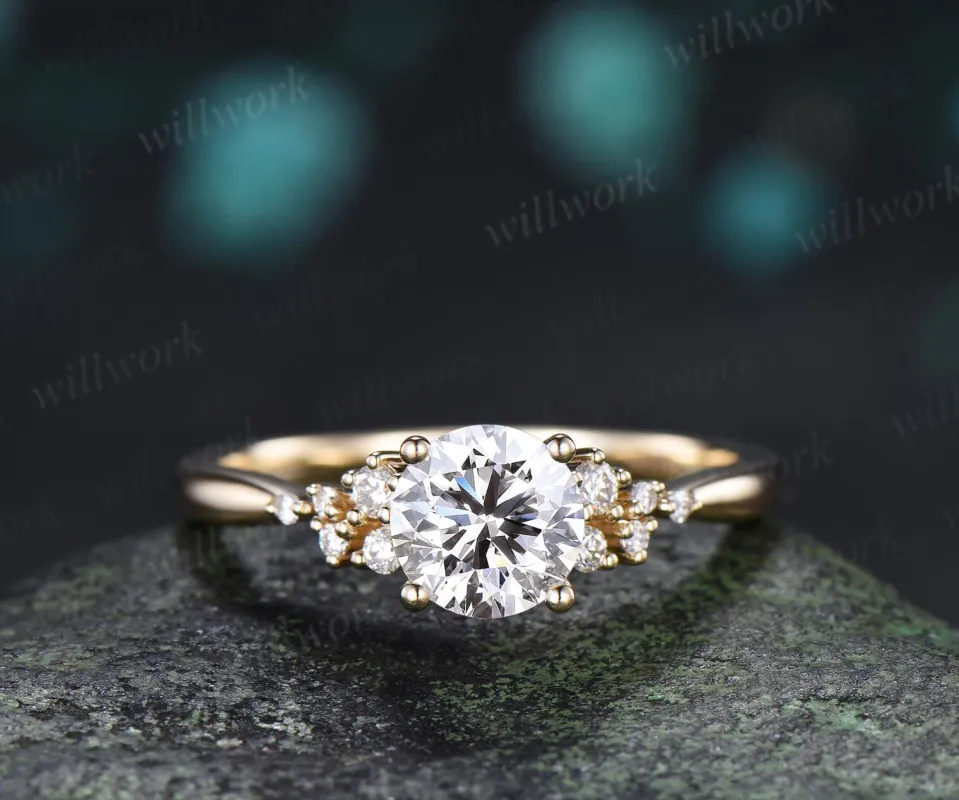 1ct round cut Lab grown diamond moissanite engagement ring solid 14k yellow gold cluster snowdrift wedding promise ring women made by Willwork Jewelry