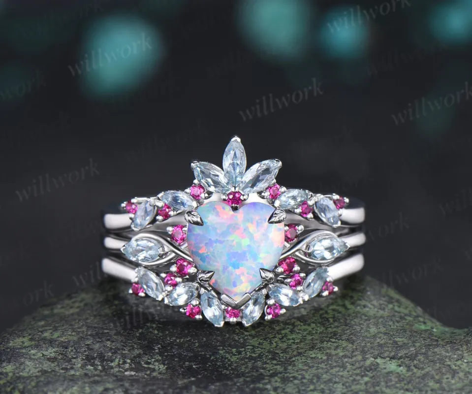 Heart opal engagement ring 14k white gold leaf claw prong cluster aquamarine ruby wedding anniversary ring set jewelry gift made by Willwork Jewelry