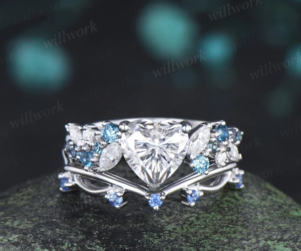Heart cut moissanite engagement ring set cluster Swiss blue topaz natural cornflower sapphire ring white gold wedding promise ring jewelry made by Willwork Jewelry