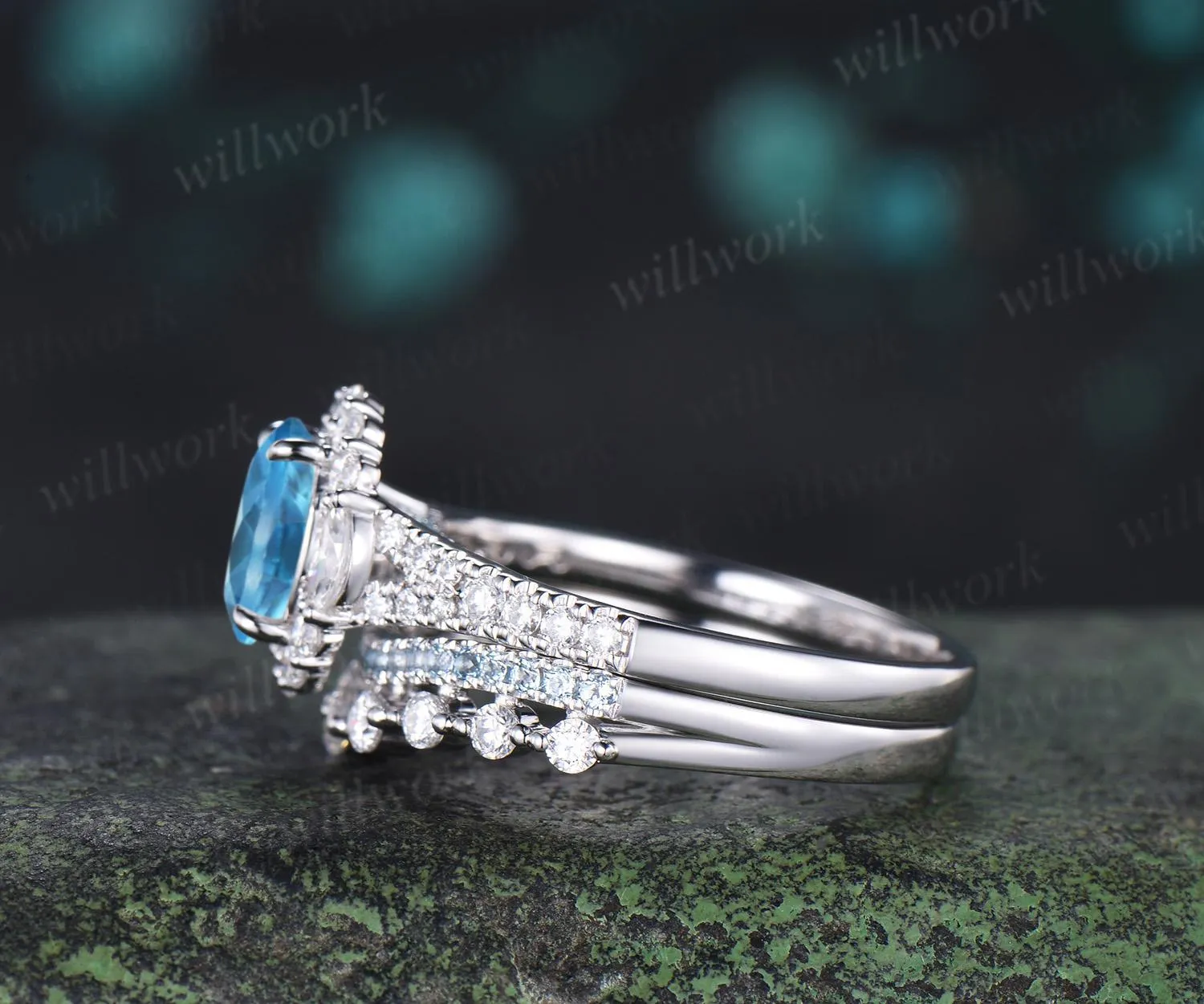 Oval cut Swiss blue topaz engagement ring 14k white gold vintage halo half eternity moissanite matching promise wedding ring set women sold by Willwork Jewelry product image thumbnail 5