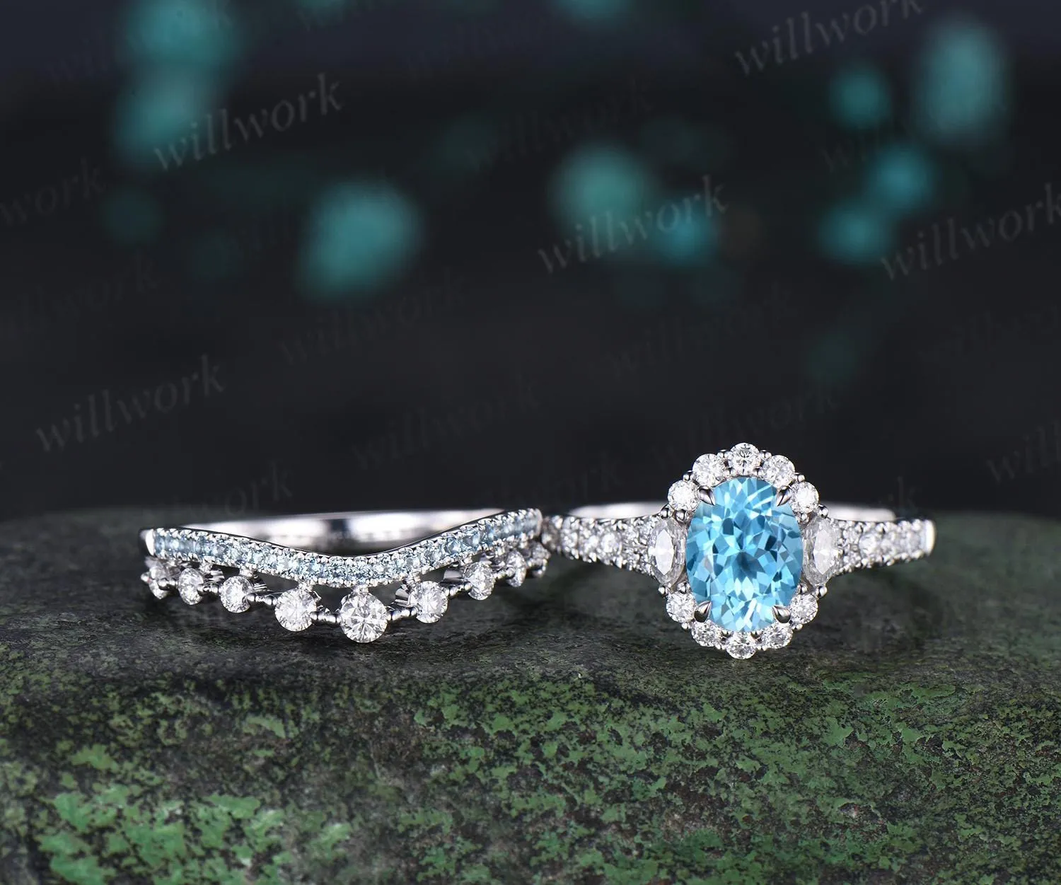 Oval cut Swiss blue topaz engagement ring 14k white gold vintage halo half eternity moissanite matching promise wedding ring set women sold by Willwork Jewelry product image thumbnail 2