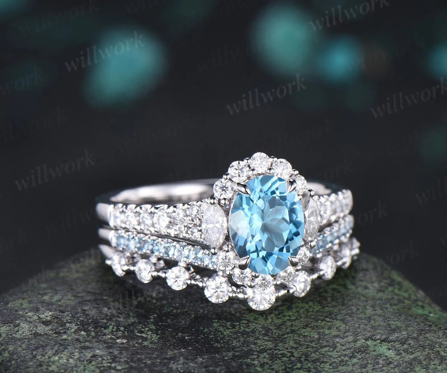 Oval cut Swiss blue topaz engagement ring 14k white gold vintage halo half eternity moissanite matching promise wedding ring set women sold by Willwork Jewelry product image thumbnail 3