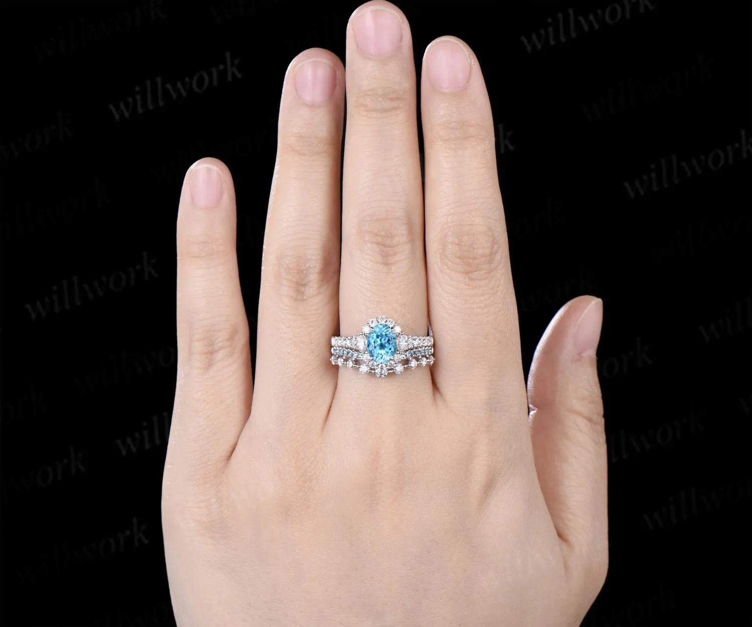 Oval cut Swiss blue topaz engagement ring 14k white gold vintage halo half eternity moissanite matching promise wedding ring set women sold by Willwork Jewelry product image thumbnail 4