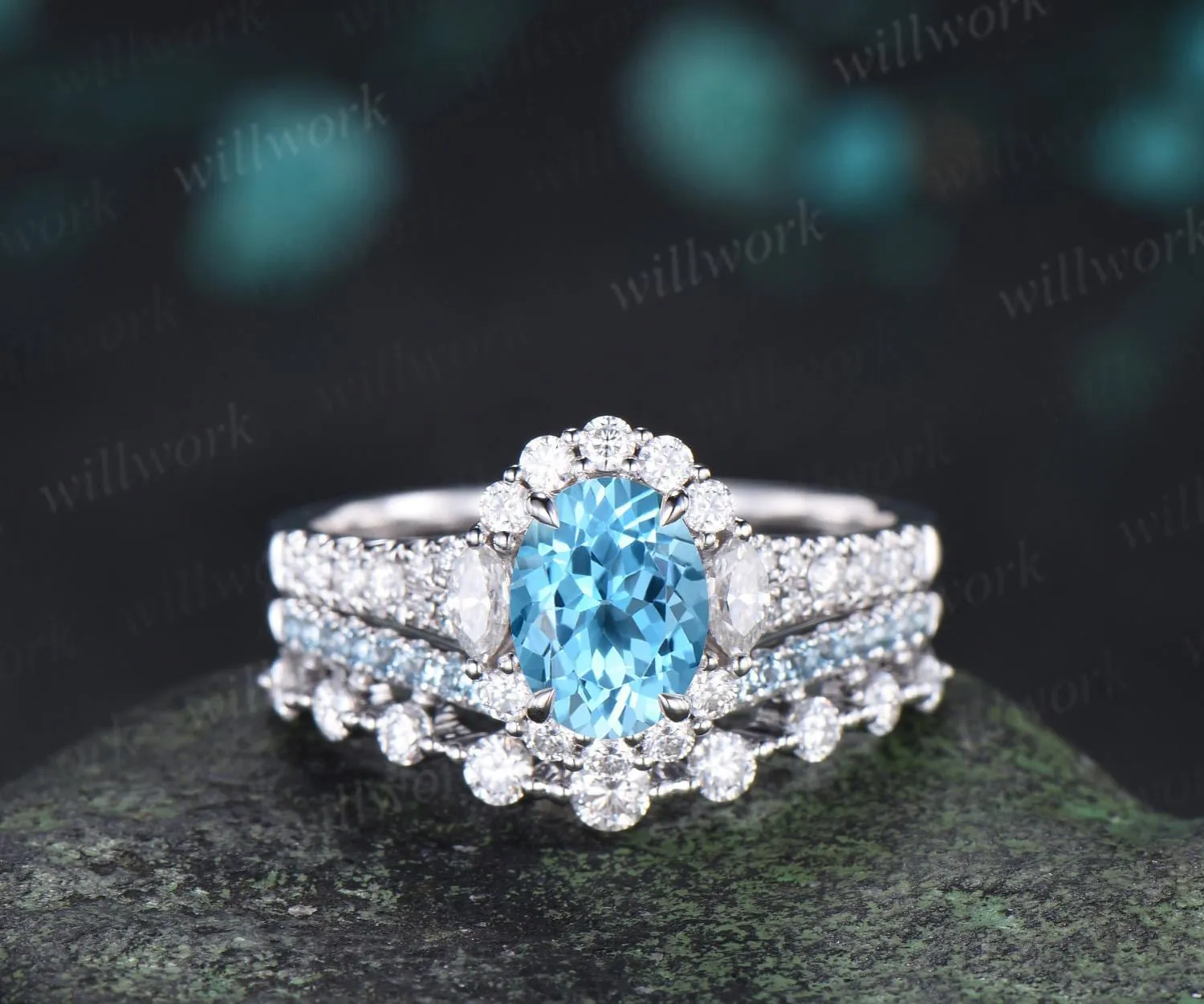 Oval cut Swiss blue topaz engagement ring 14k white gold vintage halo half eternity moissanite matching promise wedding ring set women sold by Willwork Jewelry