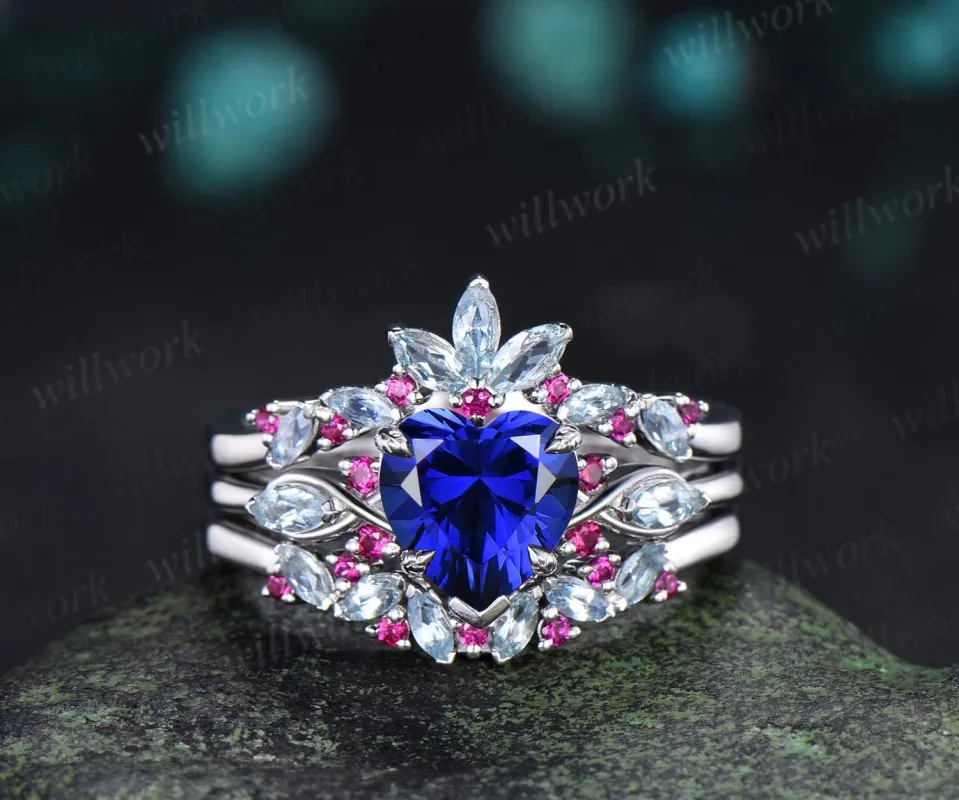 2ct heart cut blue sapphire engagement ring 14k white gold leaf claw prong cluster aquamarine ruby wedding promise ring set jewelry gift made by Willwork Jewelry