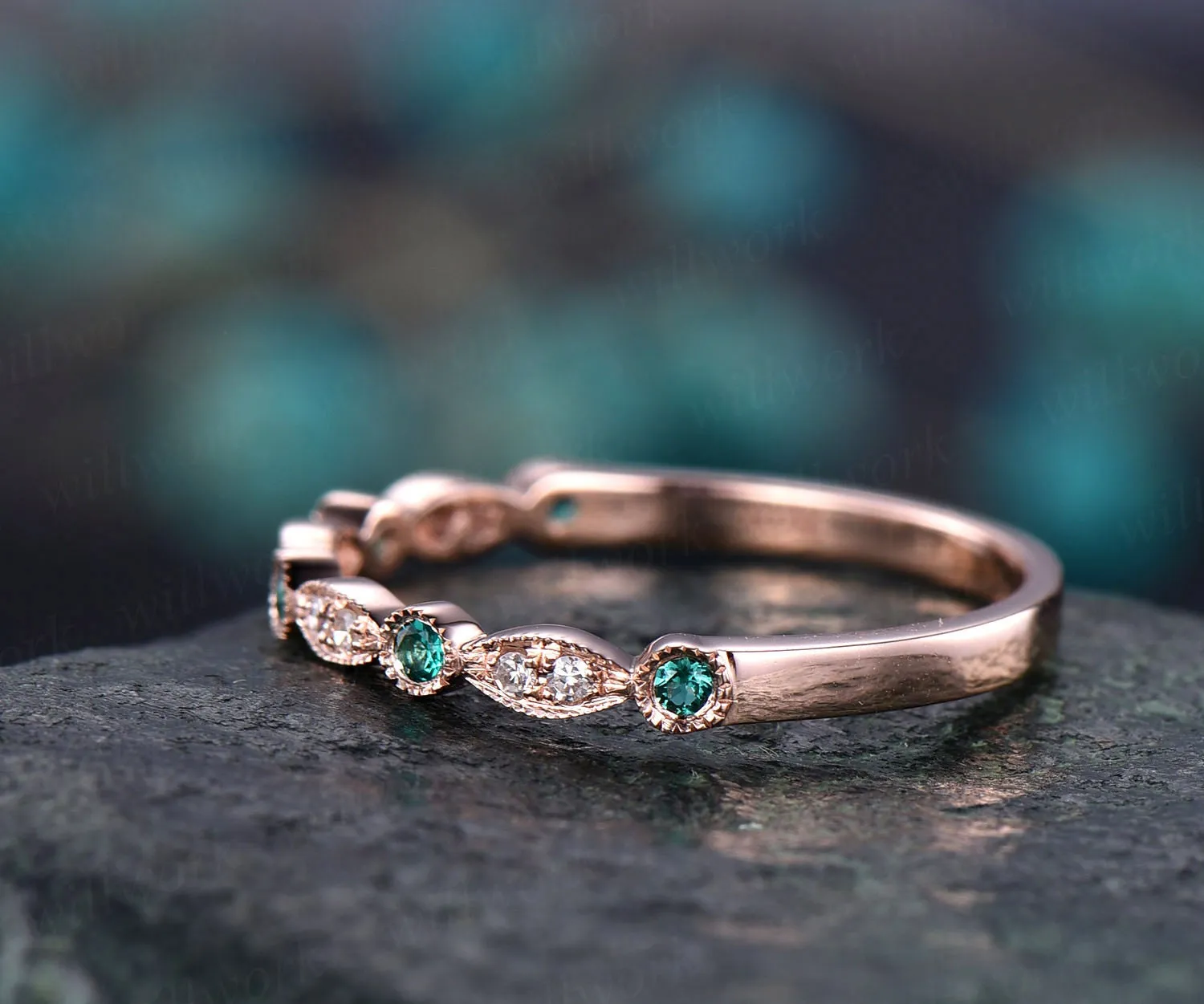 Custom order for Kristen Gurdak(1pc wedding band, 14k yellow gold with moissanite & real emerald in a 7.5) sold by Willwork Jewelry product image thumbnail 3