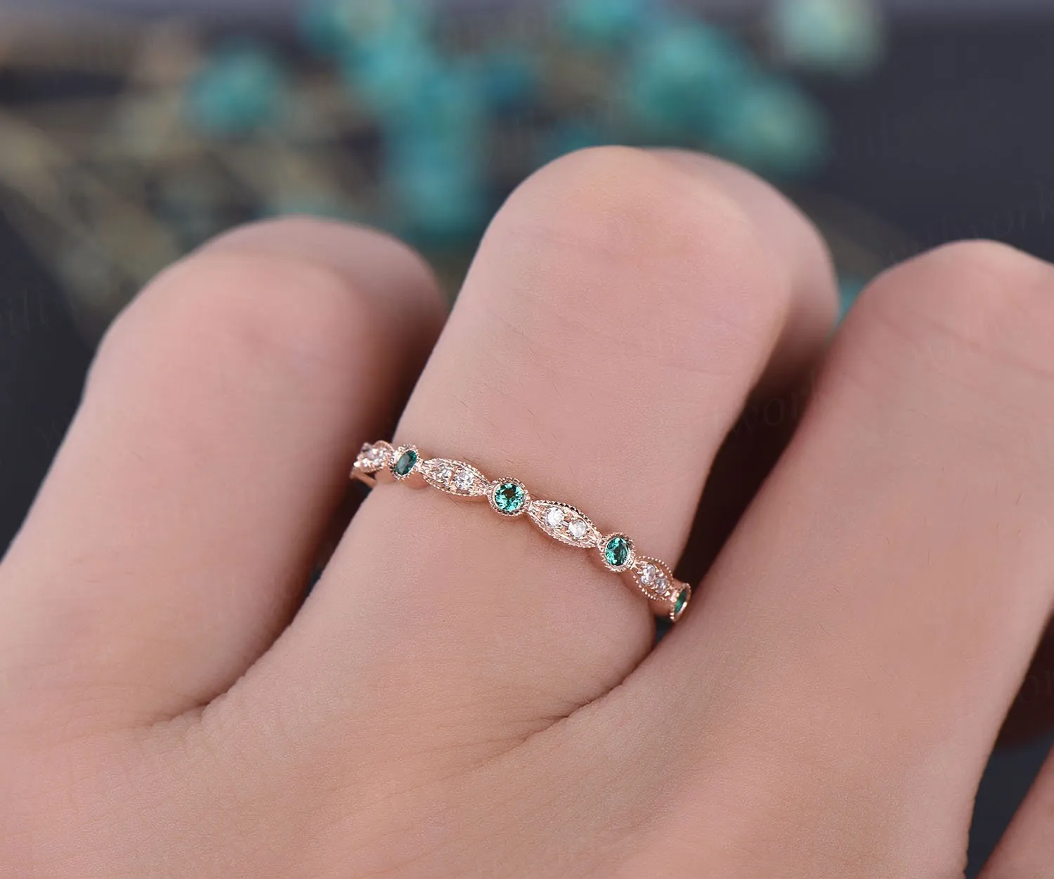 Custom order for Kristen Gurdak(1pc wedding band, 14k yellow gold with moissanite & real emerald in a 7.5) sold by Willwork Jewelry product image thumbnail 2