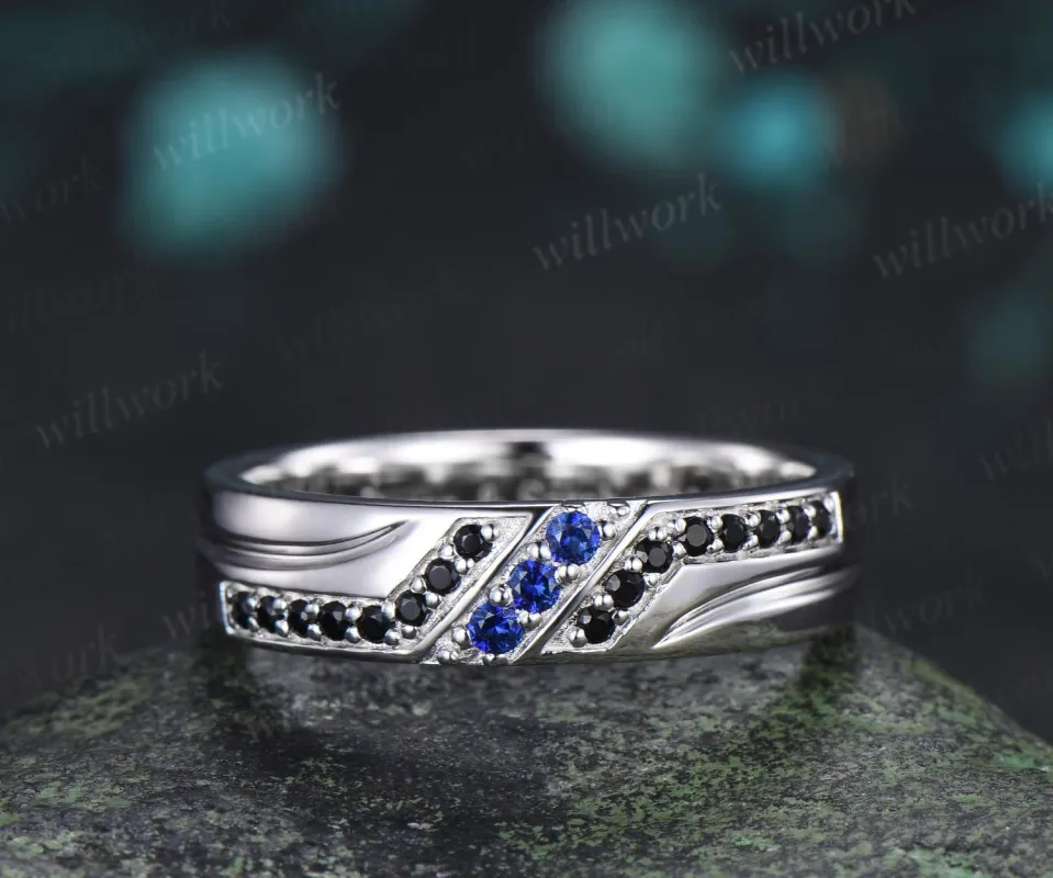 Unique mens sapphire wedding band 14k white gold black spinel mens handsome man rings matching band gift made by Willwork Jewelry