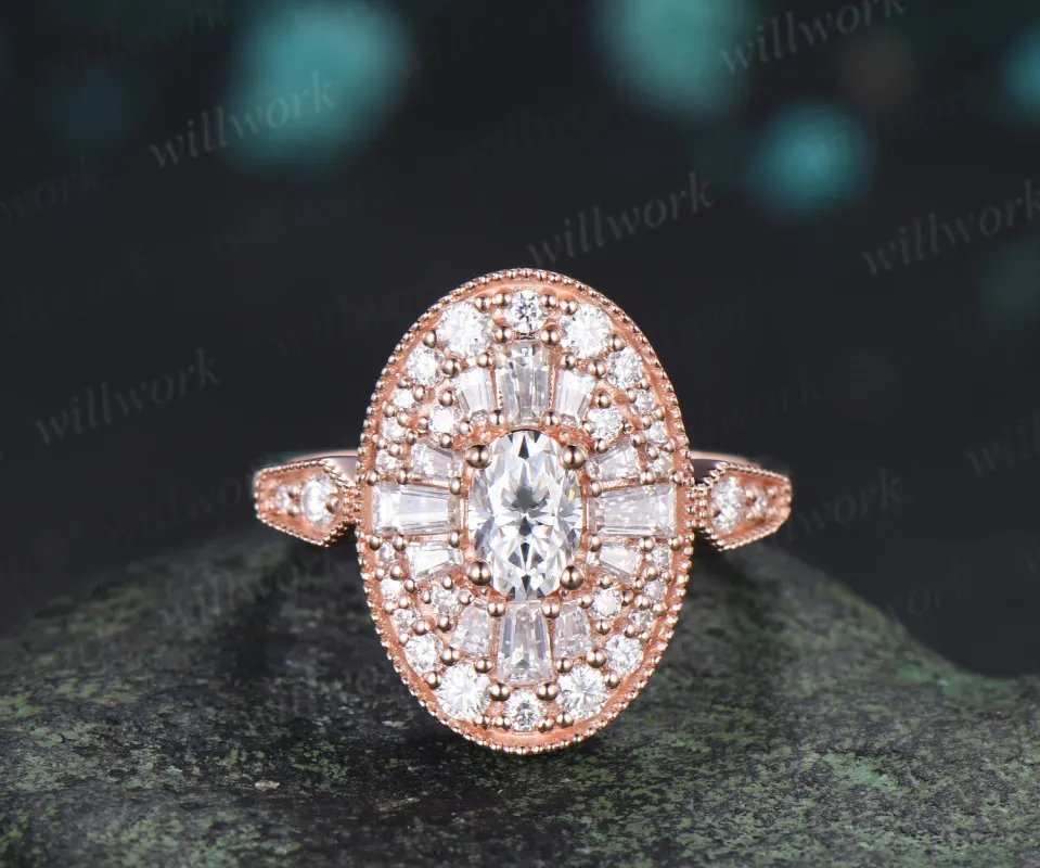 Oval Moissanite Milgrain Ring Vintage Halo Cocktail Ring Art Deco Inspired Statement Engagement Ring made by Willwork Jewelry