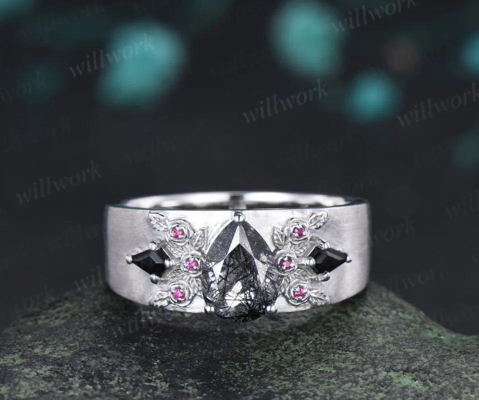 Pear Black Rutilated Quartz Men Ring Ruby Rose Deco Band Black Gemstone Statement Ring for Him made by Willwork Jewelry