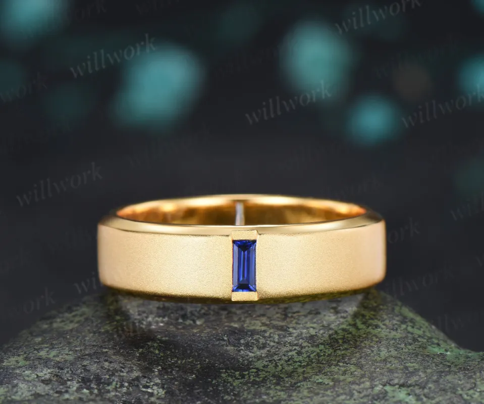 Baguette Sapphire Beveled Edge Men Engagement Ring Unique Solitaire Frosted Finished Men's Wedding Band made by Willwork Jewelry
