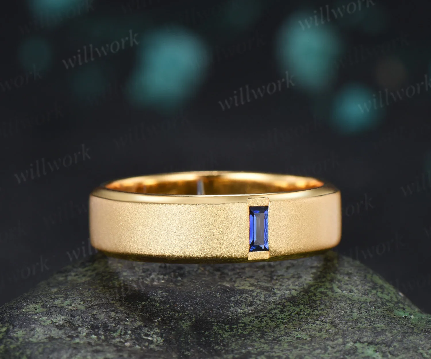 Baguette Sapphire Beveled Edge Men Engagement Ring Unique Solitaire Frosted Finished Men's Wedding Band sold by Willwork Jewelry product image thumbnail 4