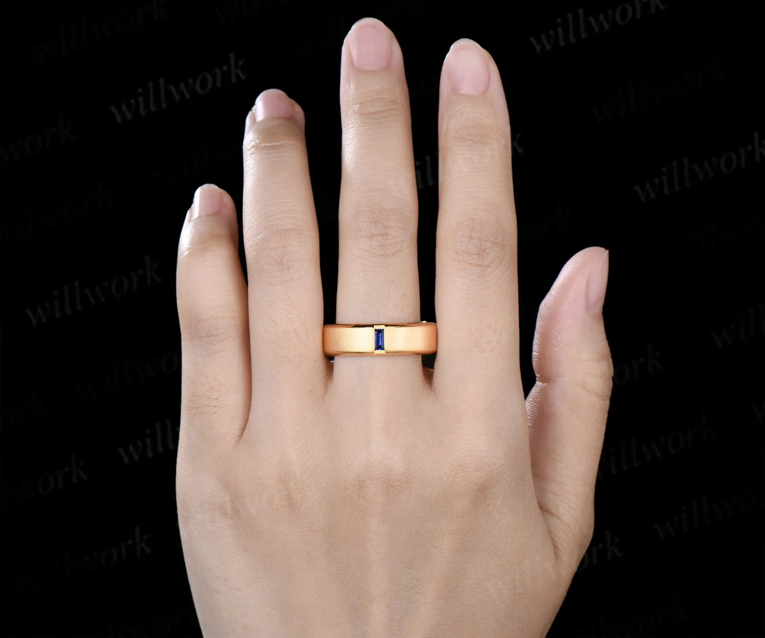 Baguette Sapphire Beveled Edge Men Engagement Ring Unique Solitaire Frosted Finished Men's Wedding Band sold by Willwork Jewelry product image thumbnail 2