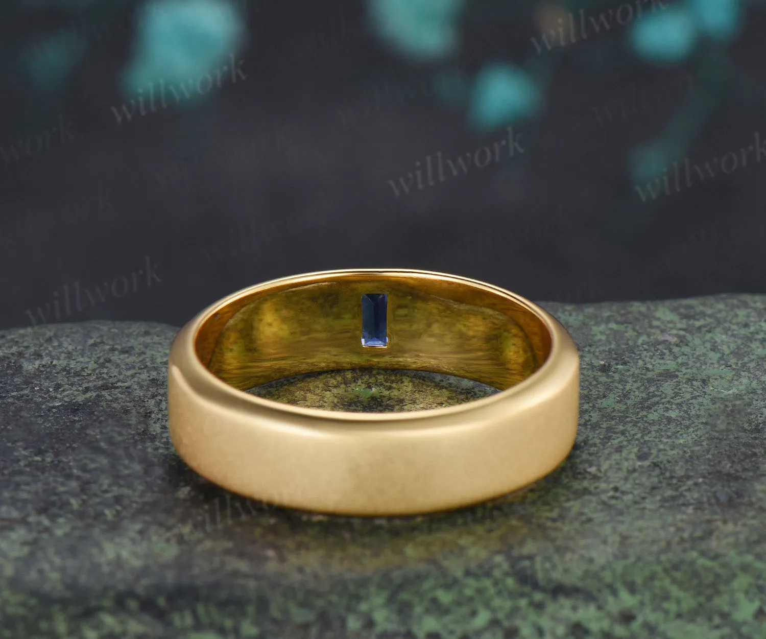 Baguette Sapphire Beveled Edge Men Engagement Ring Unique Solitaire Frosted Finished Men's Wedding Band sold by Willwork Jewelry product image thumbnail 3