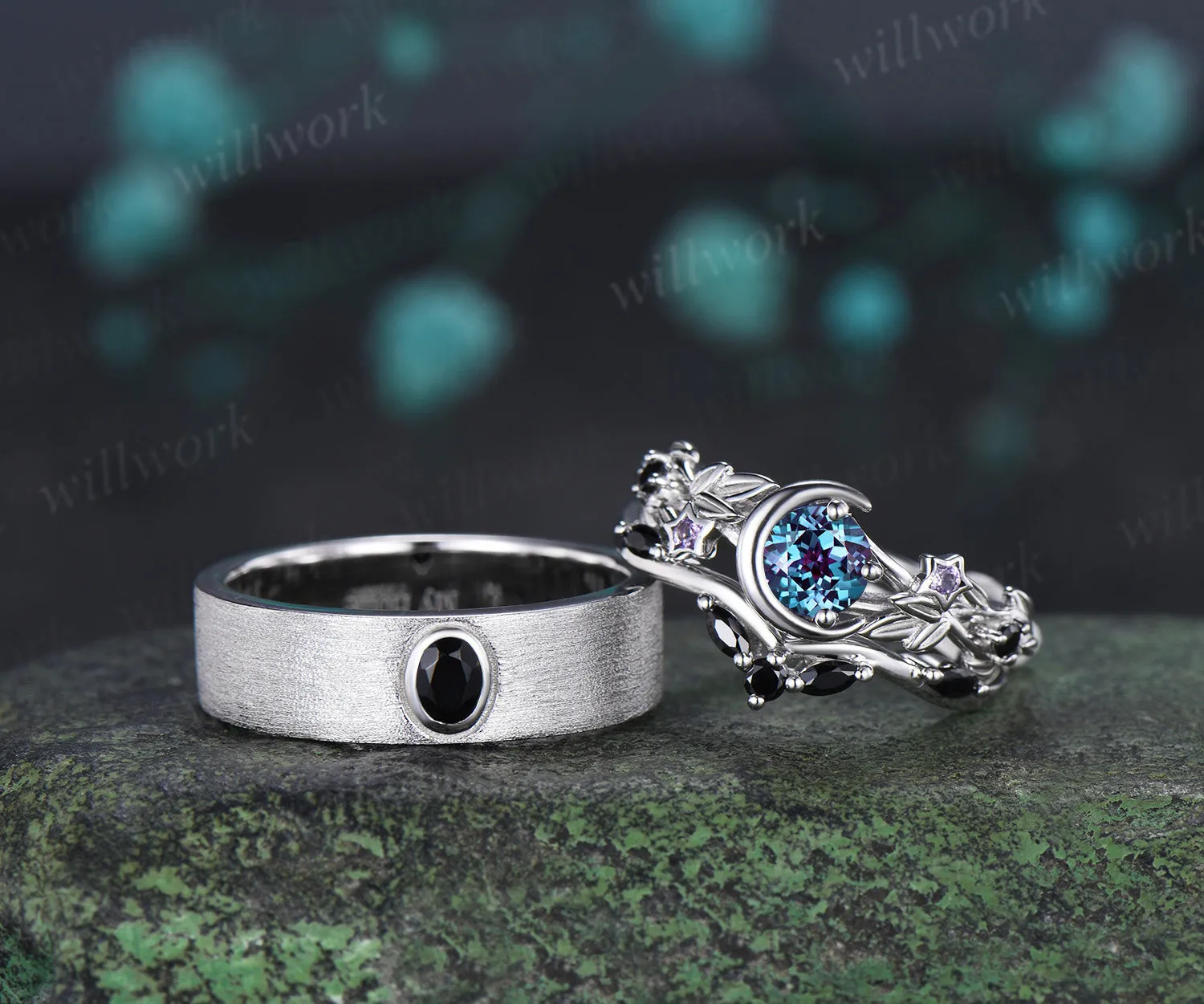 Round Alexandrite Moon Leaf Black Spinel Ring Set & Solitaire Black Onyx Brushed Finish Men Wedding Ring Couple Ring Set sold by Willwork Jewelry product image thumbnail 4