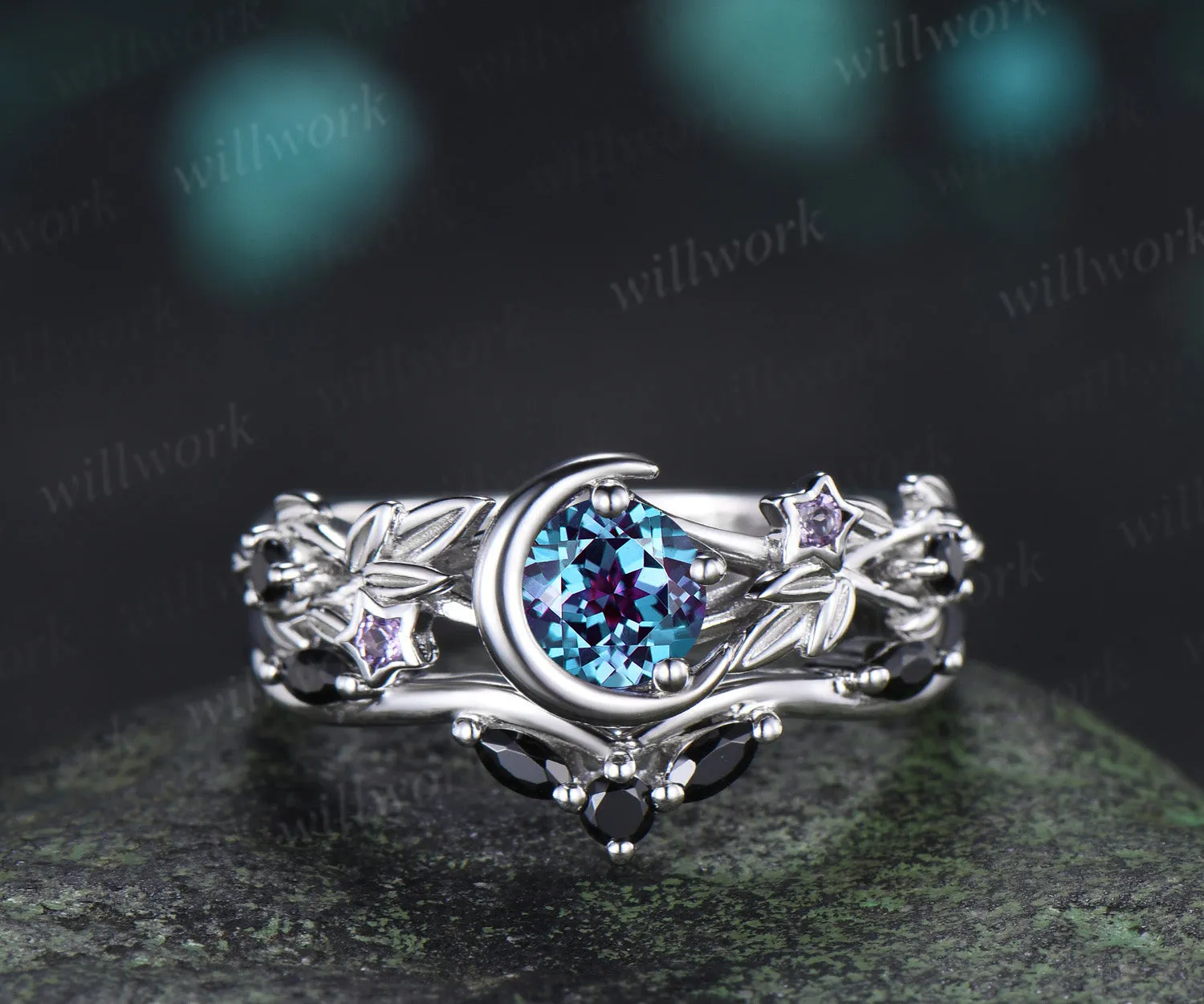 Round Alexandrite Moon Leaf Black Spinel Ring Set & Solitaire Black Onyx Brushed Finish Men Wedding Ring Couple Ring Set sold by Willwork Jewelry product image thumbnail 5