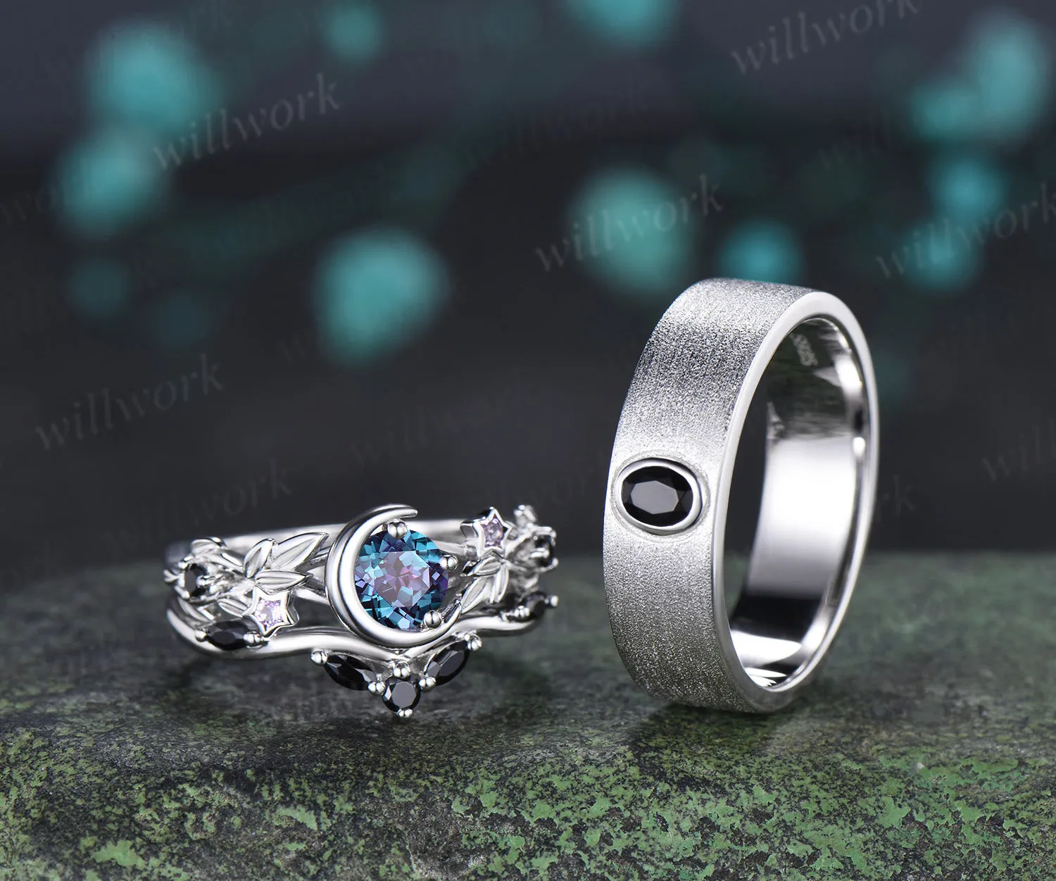 Round Alexandrite Moon Leaf Black Spinel Ring Set & Solitaire Black Onyx Brushed Finish Men Wedding Ring Couple Ring Set sold by Willwork Jewelry product image thumbnail 3