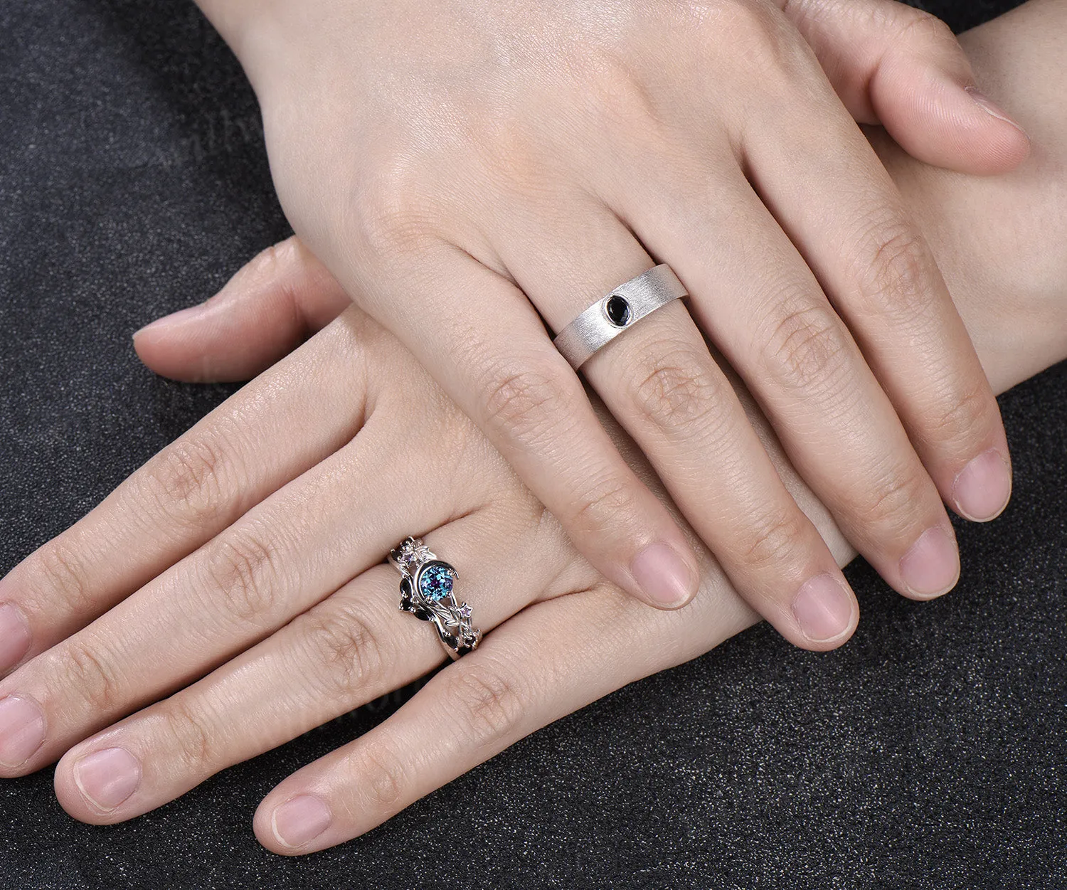 Round Alexandrite Moon Leaf Black Spinel Ring Set & Solitaire Black Onyx Brushed Finish Men Wedding Ring Couple Ring Set sold by Willwork Jewelry product image thumbnail 2