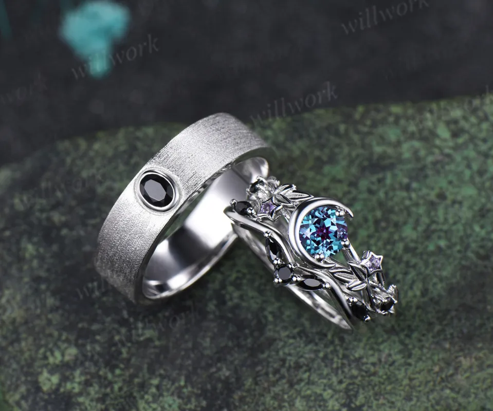Round Alexandrite Moon Leaf Black Spinel Ring Set & Solitaire Black Onyx Brushed Finish Men Wedding Ring Couple Ring Set made by Willwork Jewelry