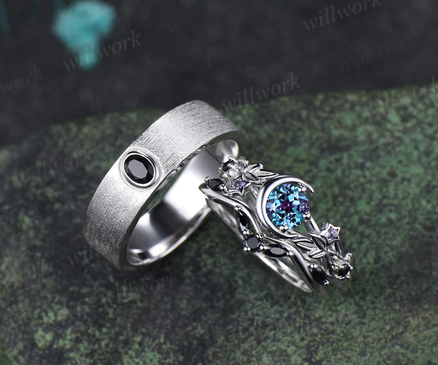 Round Alexandrite Moon Leaf Black Spinel Ring Set & Solitaire Black Onyx Brushed Finish Men Wedding Ring Couple Ring Set sold by Willwork Jewelry