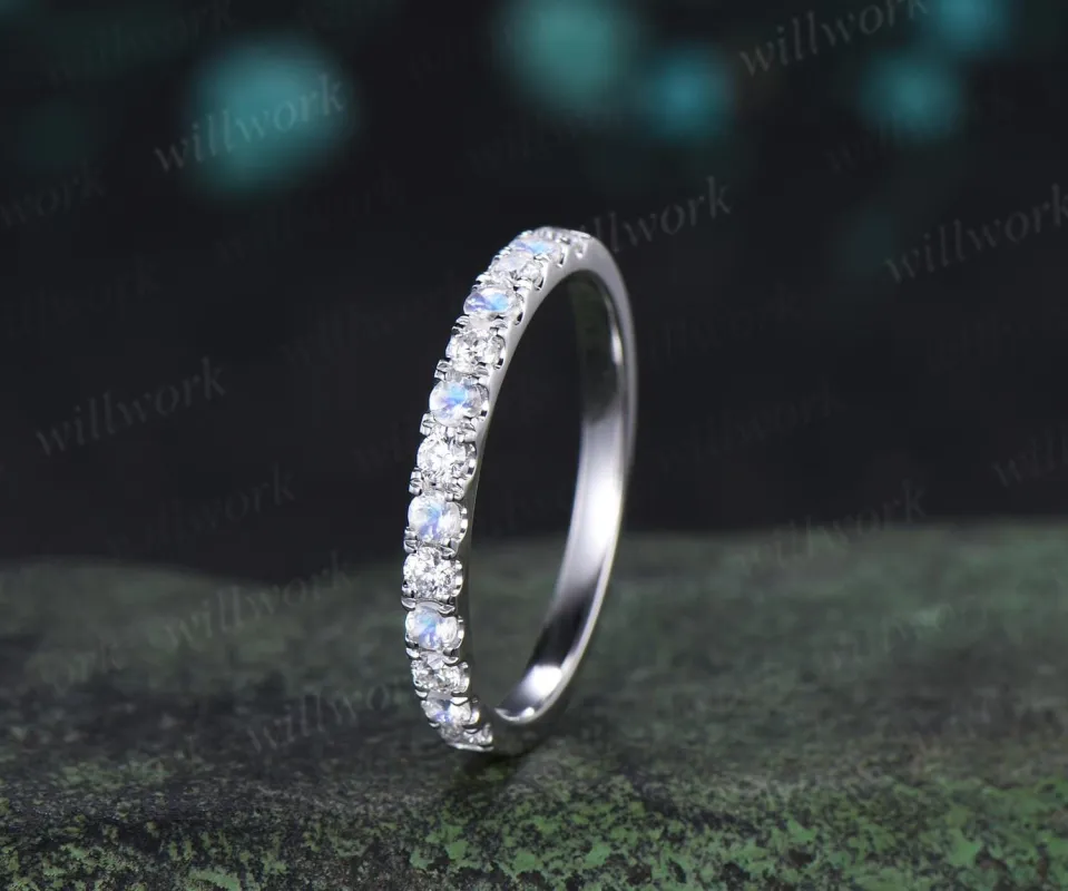 Round cut moonstone moissanite wedding band 14k white gold half eternity bridal ring women silver made by Willwork Jewelry
