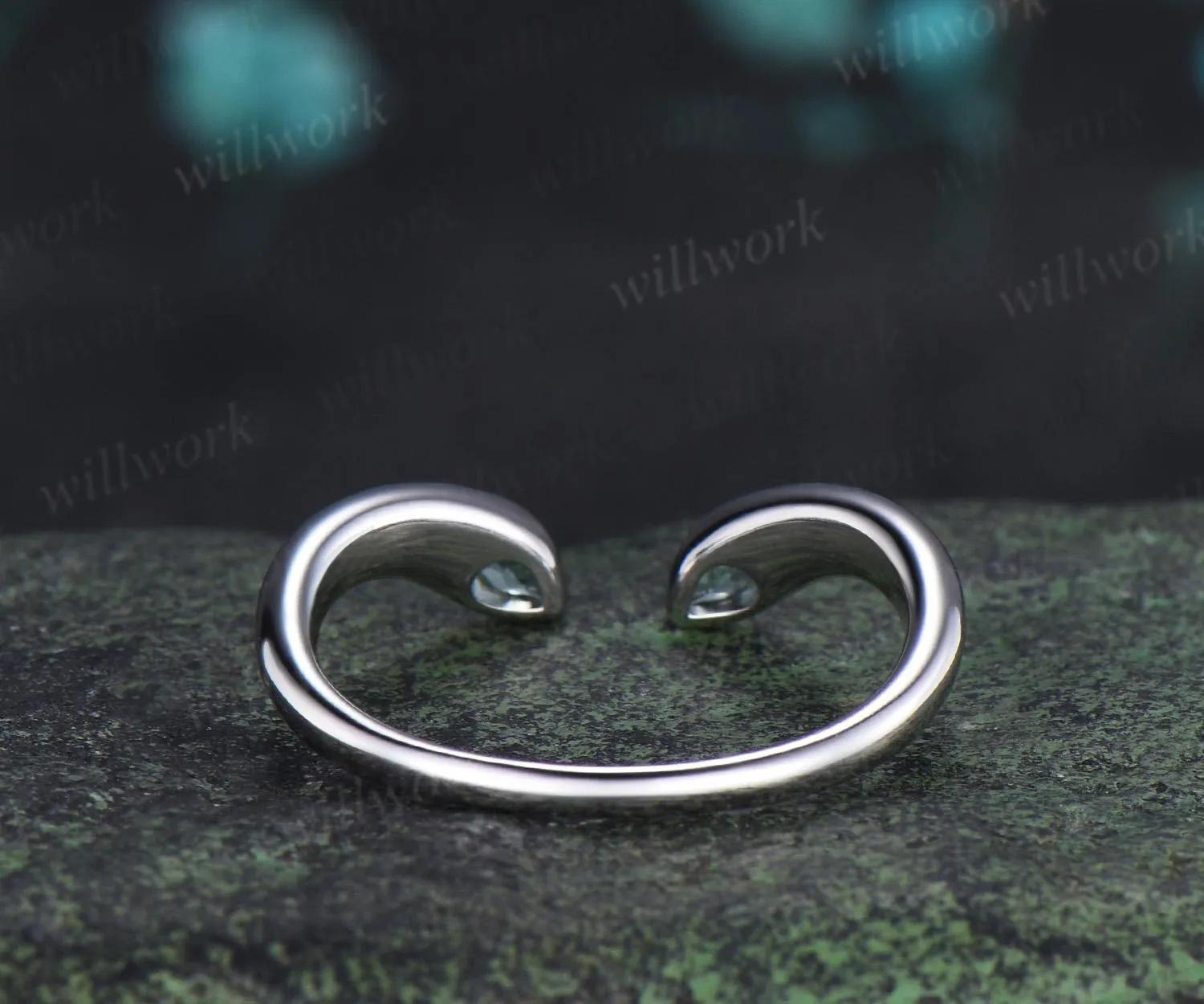Open gap bezel pear green sapphire wedding band solid 14k white gold stacking bridal ring women silver sold by Willwork Jewelry product image thumbnail 5