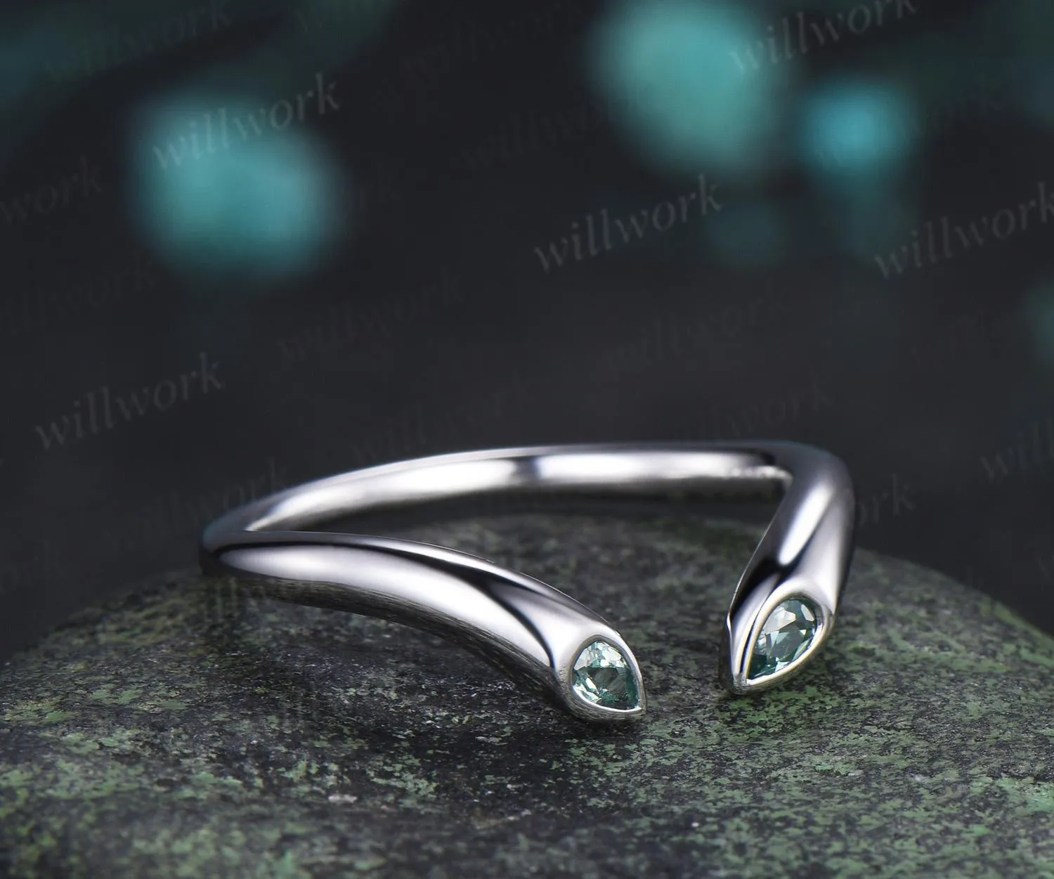 Open gap bezel pear green sapphire wedding band solid 14k white gold stacking bridal ring women silver sold by Willwork Jewelry product image thumbnail 2