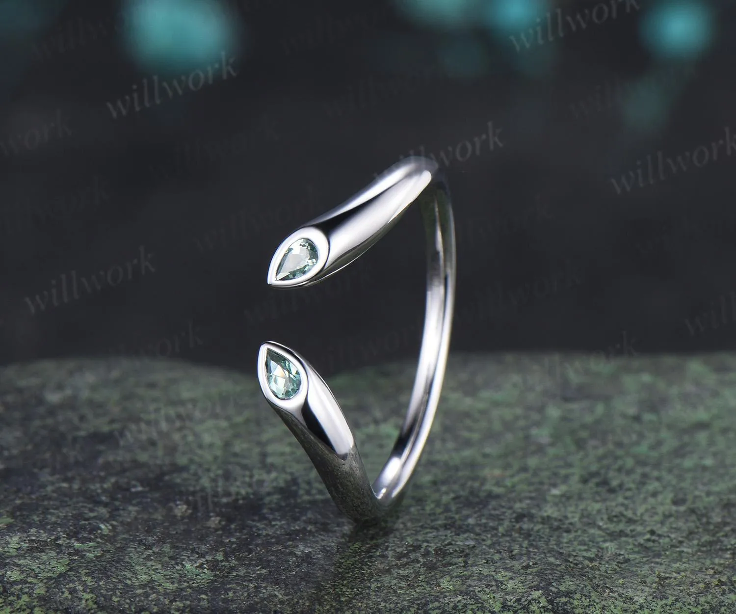 Open gap bezel pear green sapphire wedding band solid 14k white gold stacking bridal ring women silver sold by Willwork Jewelry product image thumbnail 3