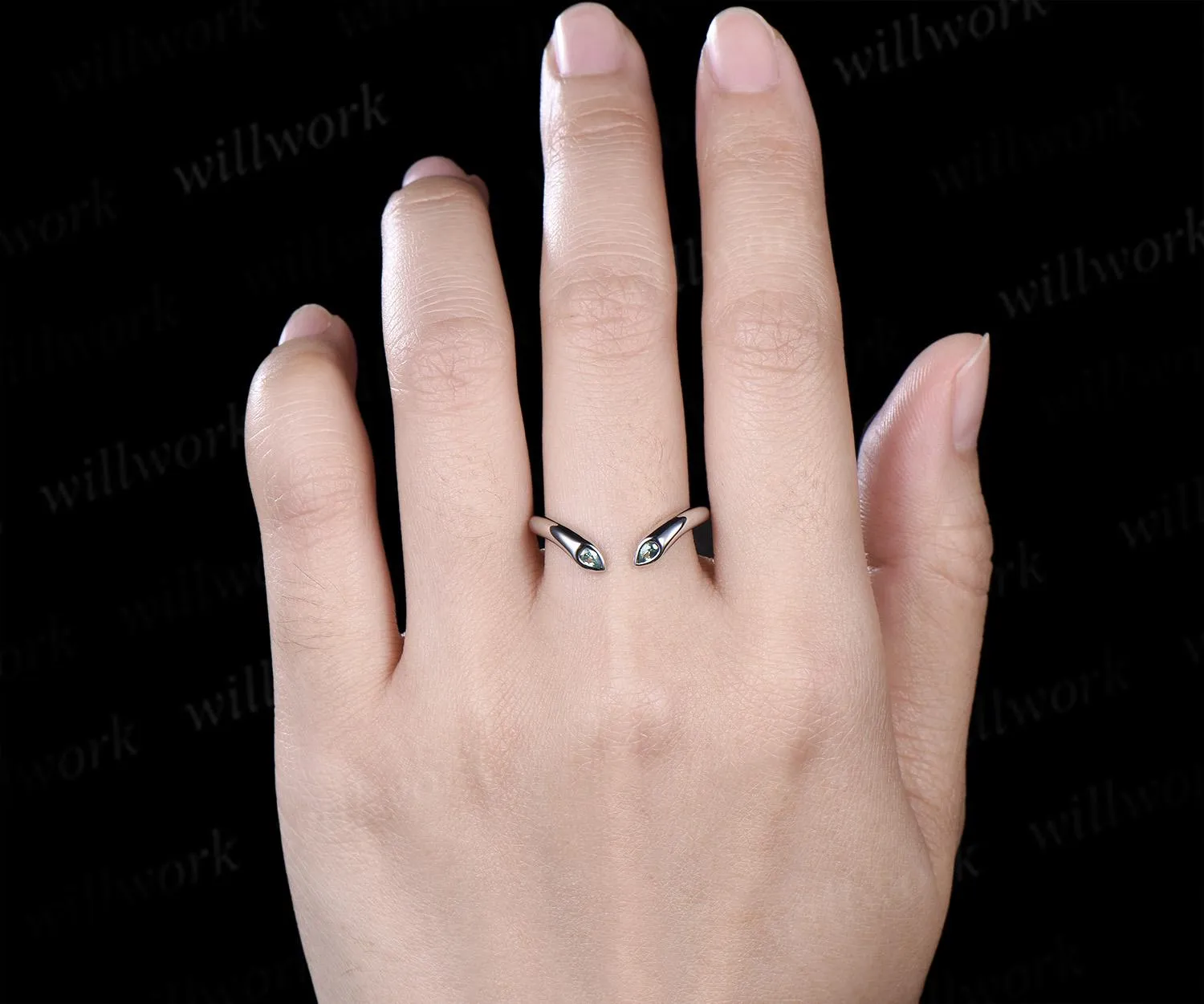 Open gap bezel pear green sapphire wedding band solid 14k white gold stacking bridal ring women silver sold by Willwork Jewelry product image thumbnail 4