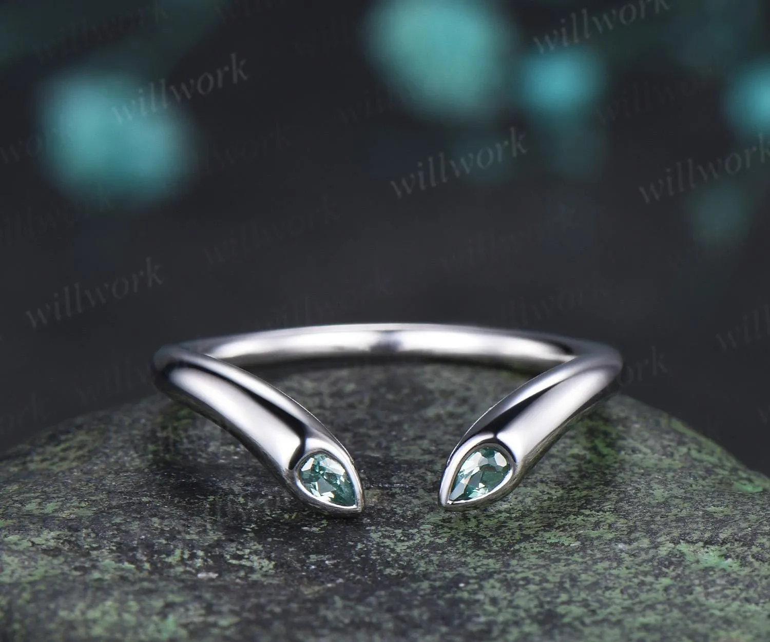 Open gap bezel pear green sapphire wedding band solid 14k white gold stacking bridal ring women silver sold by Willwork Jewelry