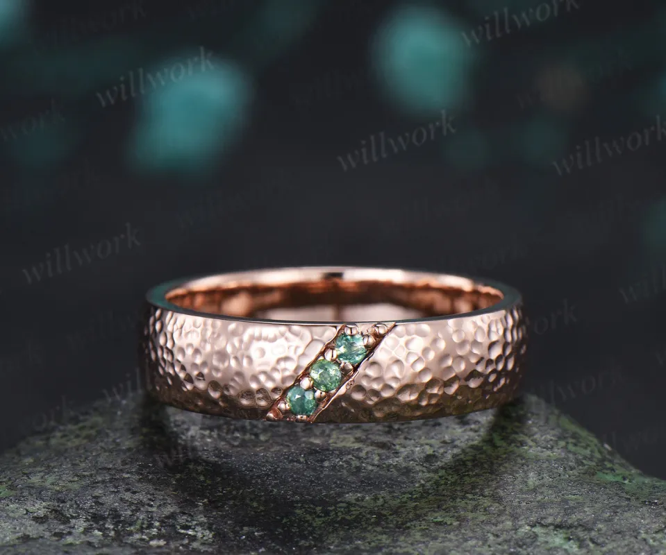 Round Moss Agate Men's Hammered Wedding Ring 5mm Band Width Anniversary Ring Band Gifts made by Willwork Jewelry