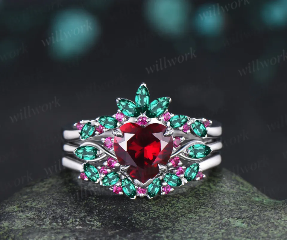 2ct heart red ruby engagement ring set leaf claw prong seven stone ring cluster emerald wedding band unique bridal set made by Willwork Jewelry