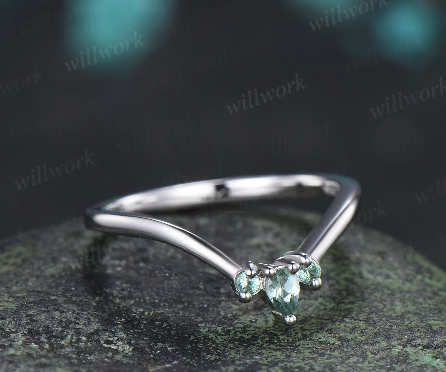 Curved green sapphire wedding band vintage three stone stacking ring women matching band sold by Willwork Jewelry product image thumbnail 4