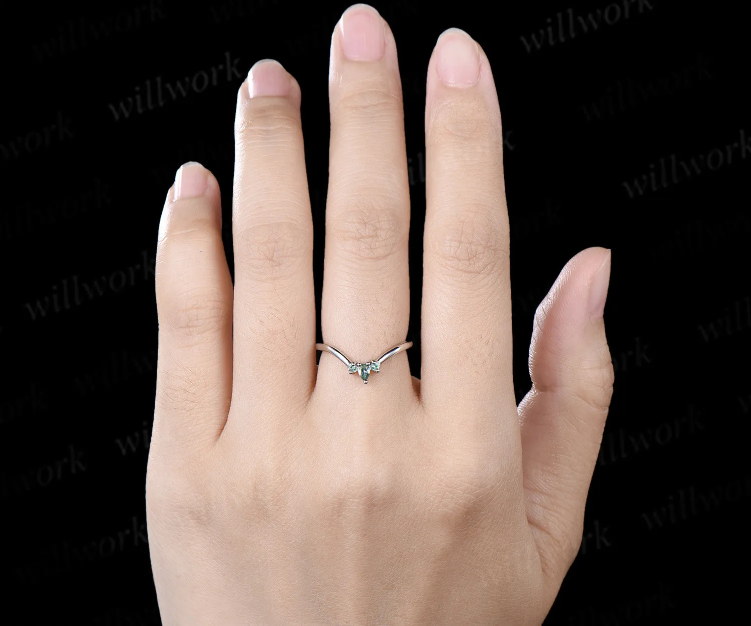 Curved green sapphire wedding band vintage three stone stacking ring women matching band sold by Willwork Jewelry product image thumbnail 2