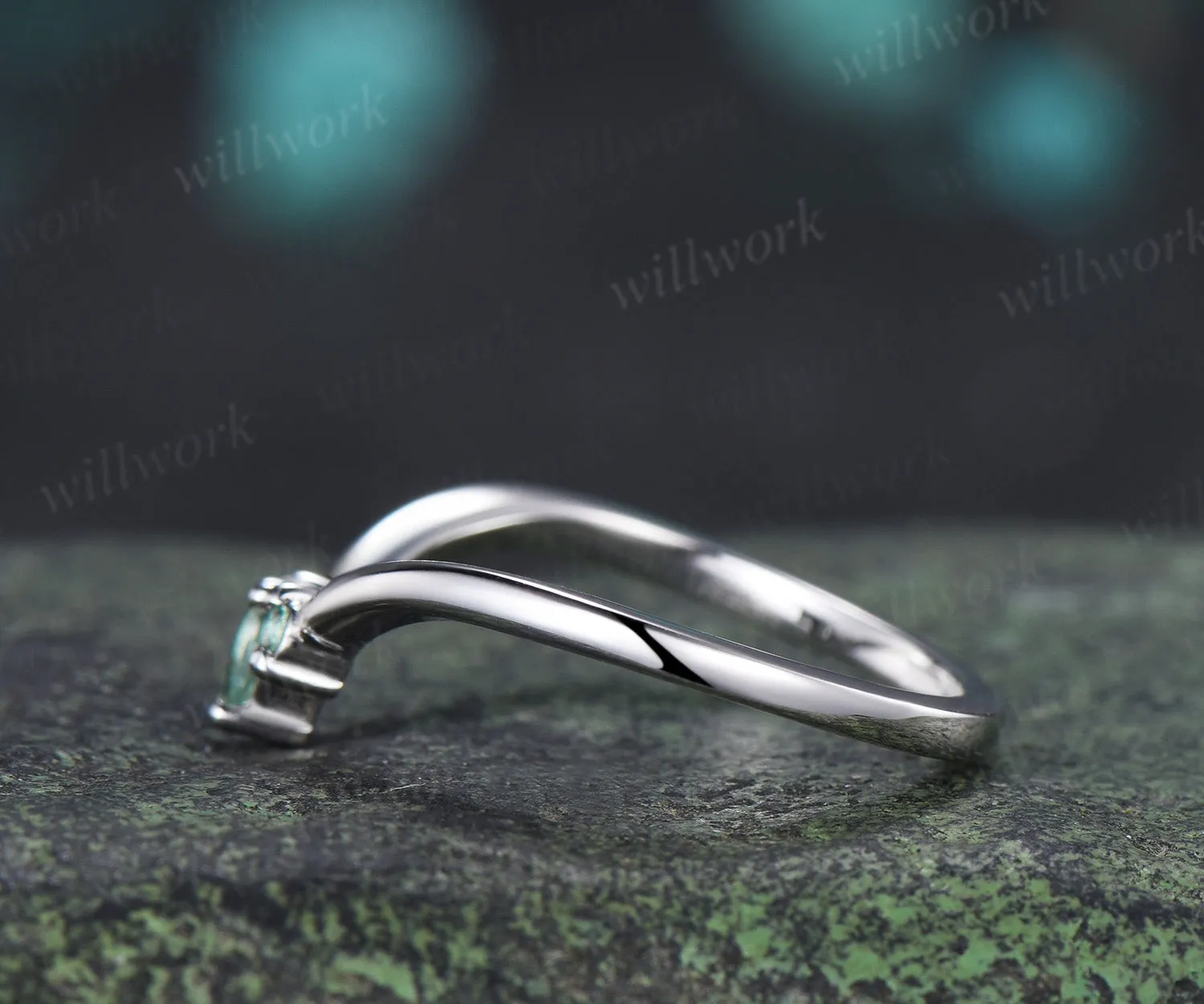 Curved green sapphire wedding band vintage three stone stacking ring women matching band sold by Willwork Jewelry product image thumbnail 3