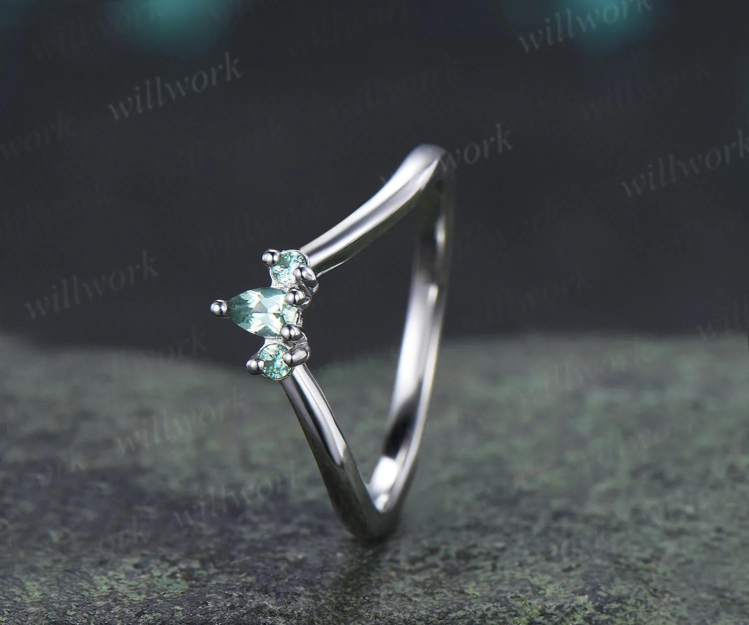 Curved green sapphire wedding band vintage three stone stacking ring women matching band sold by Willwork Jewelry product image thumbnail 5