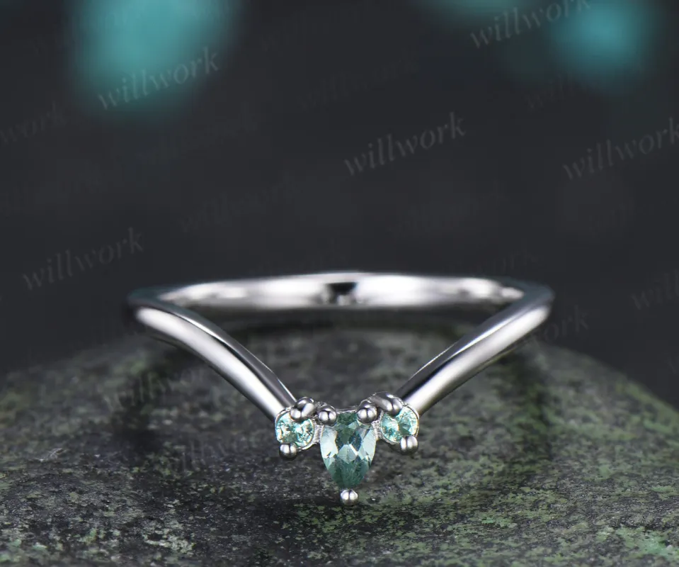 Curved green sapphire wedding band vintage three stone stacking ring women matching band made by Willwork Jewelry