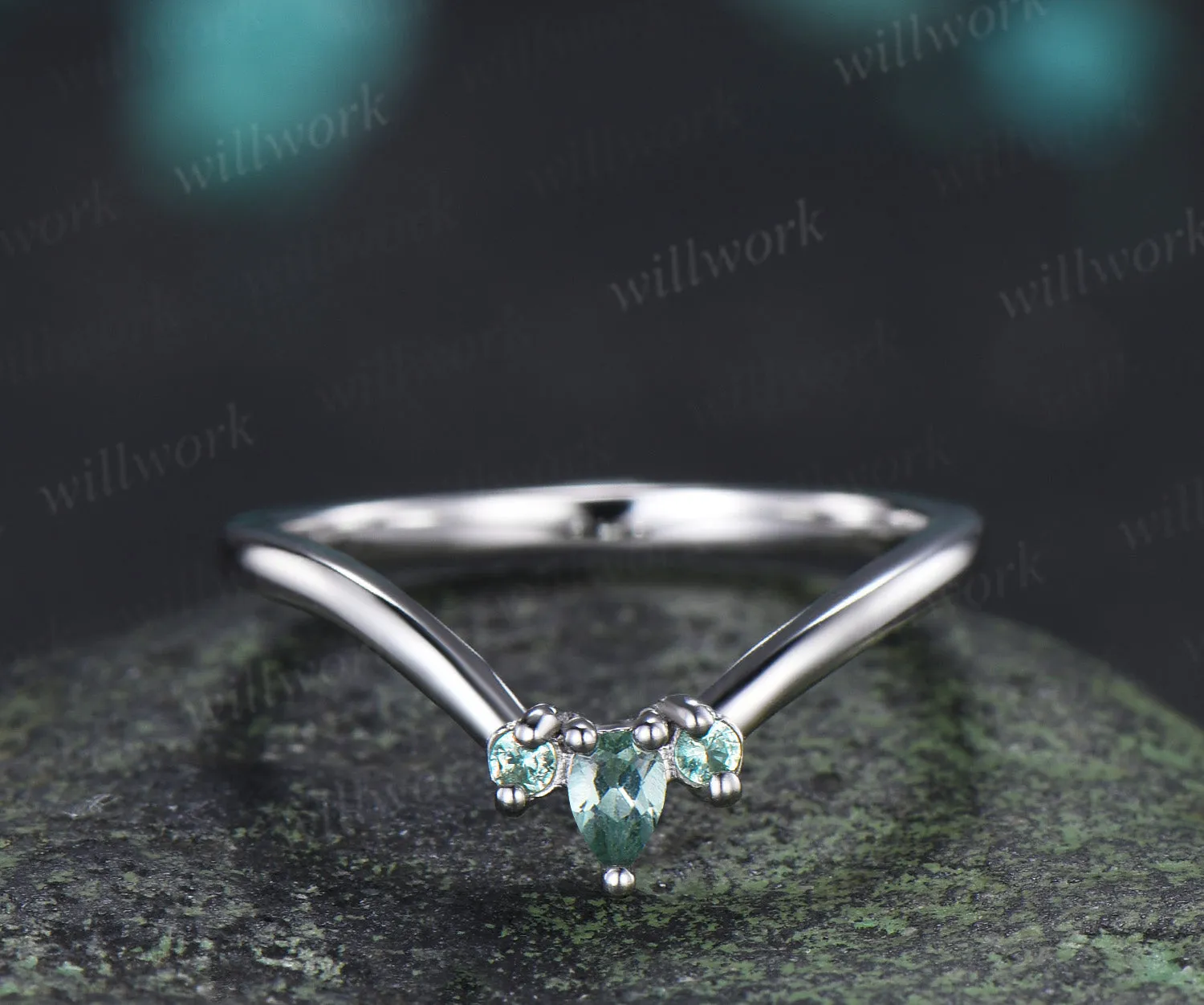 Curved green sapphire wedding band vintage three stone stacking ring women matching band sold by Willwork Jewelry
