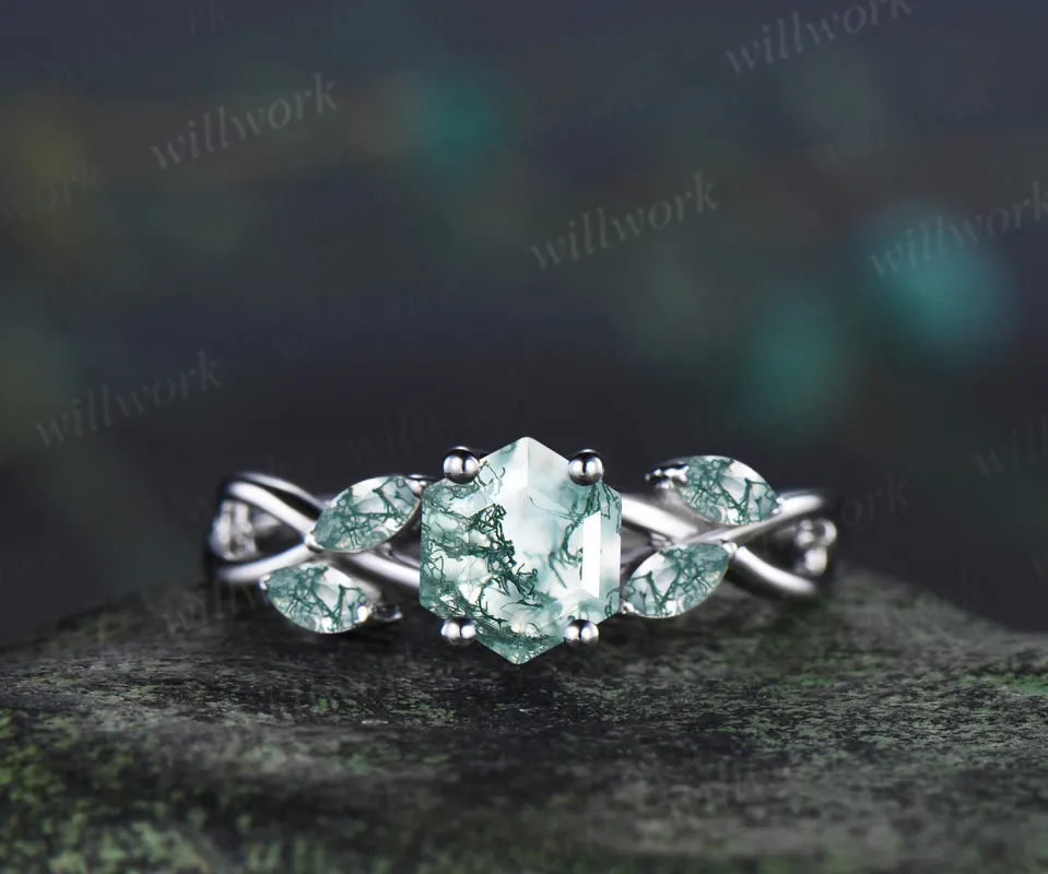 Hexagon cut moss agate engagement ring twisted infinity moss agate five stone ring alternative bridal ring made by Willwork Jewelry