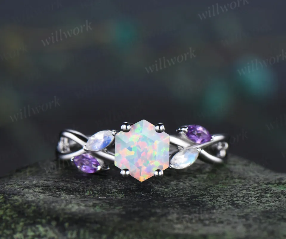 Hexagon cut white fire opal engagement ring marquise moonstone amethyst five stones twisted infinity promise ring made by Willwork Jewelry