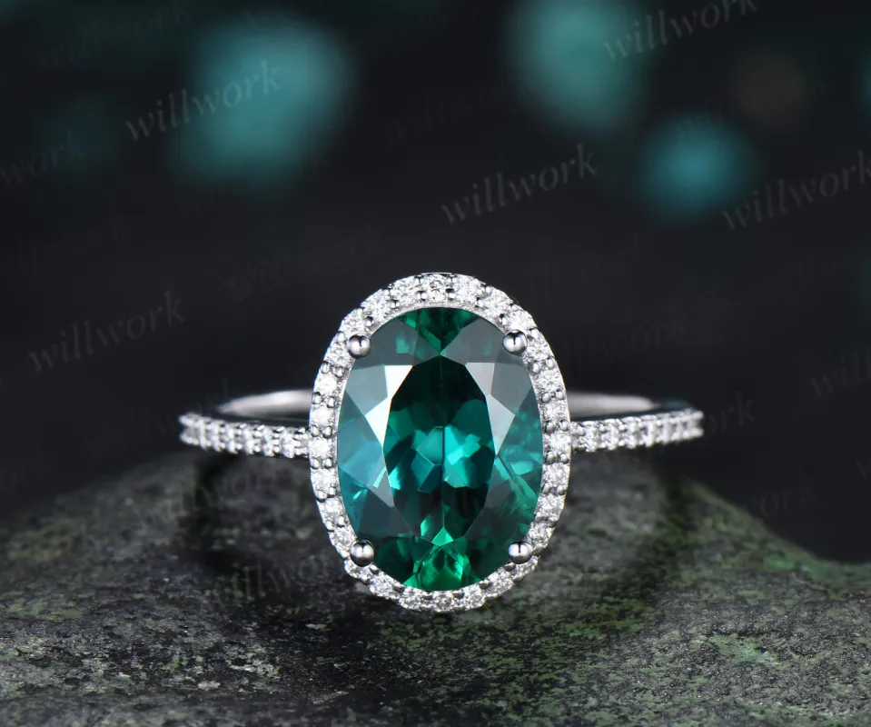 8x11mm oval cut emerald engagement ring vintage diamond halo promise ring half eternity band gifts for women made by Willwork Jewelry