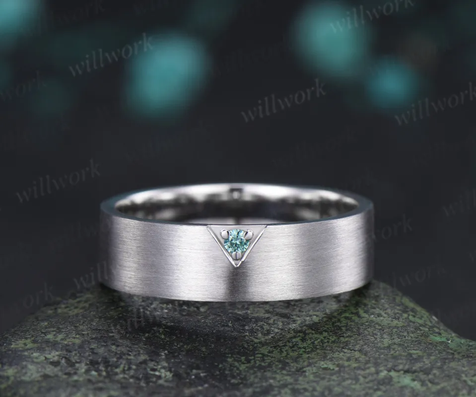 Solitaire Green Sapphire Men Wedding Ring Brushed Finish Geometric Band Minimalist Sapphire Ring for Him made by Willwork Jewelry