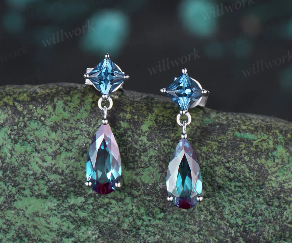 Elongated Pear Alexandrite Earrings London Blue Topaz Dangle Earrings Color Change Gemstone Jewelry made by Willwork Jewelry