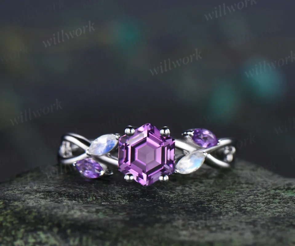 Hexagon cut natural amethyst engagement ring marquise moonstone amethyst five stone ring twisted infinity wedding ring made by Willwork Jewelry