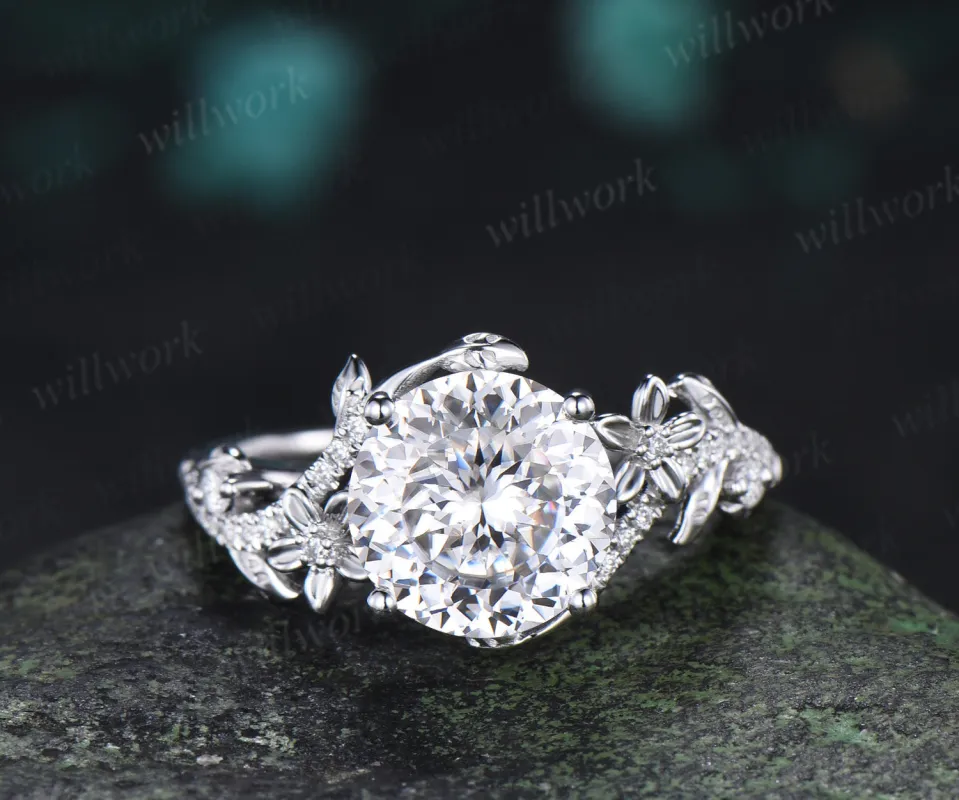 9mm Portuguese Cut Moissanite Nature Inspired Ring Twig Leaf Floral Diamond Accent Promise Ring Anniversary Gifts made by Willwork Jewelry