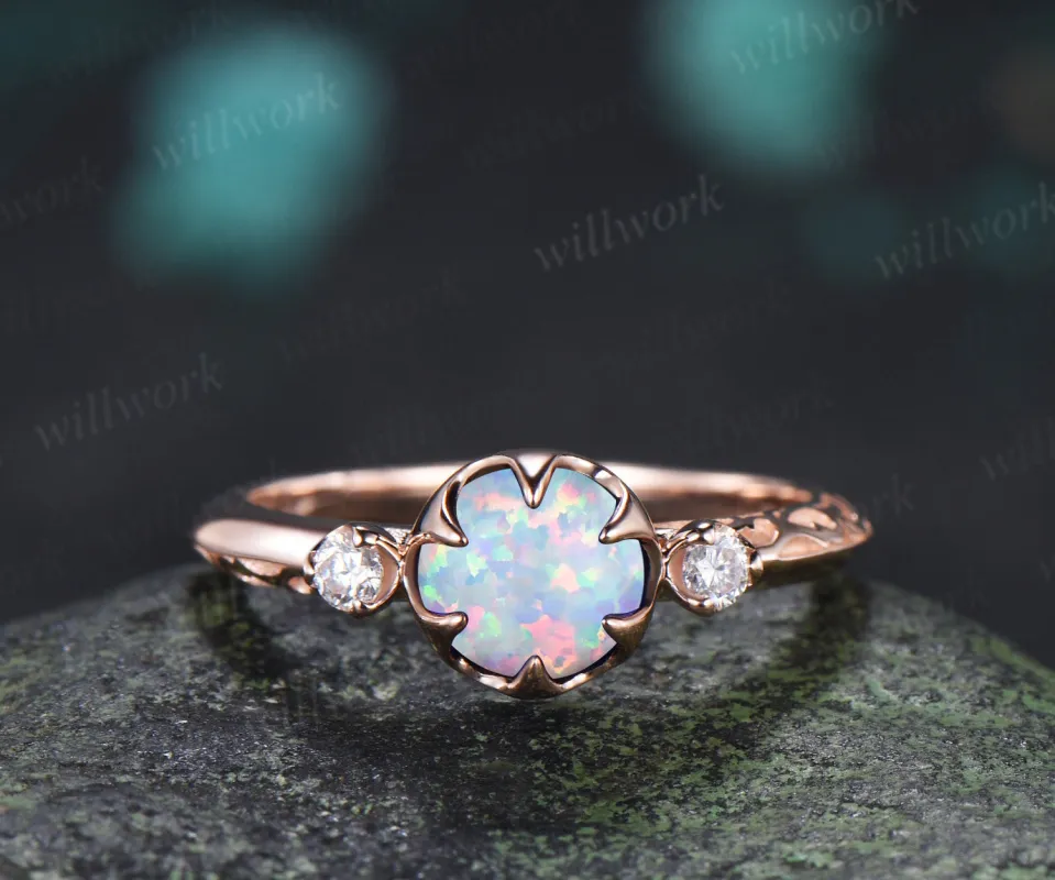 Vintage Round Opal Engagement Ring Three Stone Diamond Ring Filigree Floral Opal Promise Ring made by Willwork Jewelry
