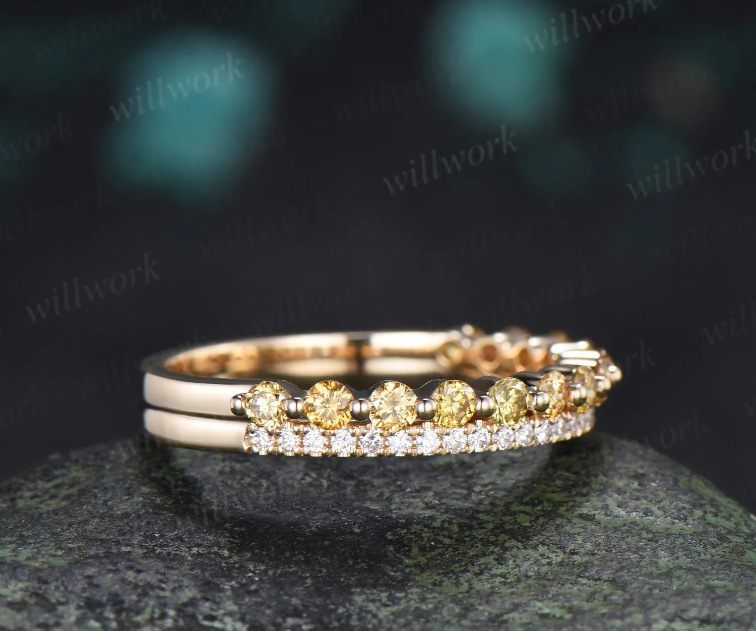 Double Row Yellow & White Diamond Half Eternity Wedding Band Unique Stacking Ring Gifts for Her sold by Willwork Jewelry product image thumbnail 4
